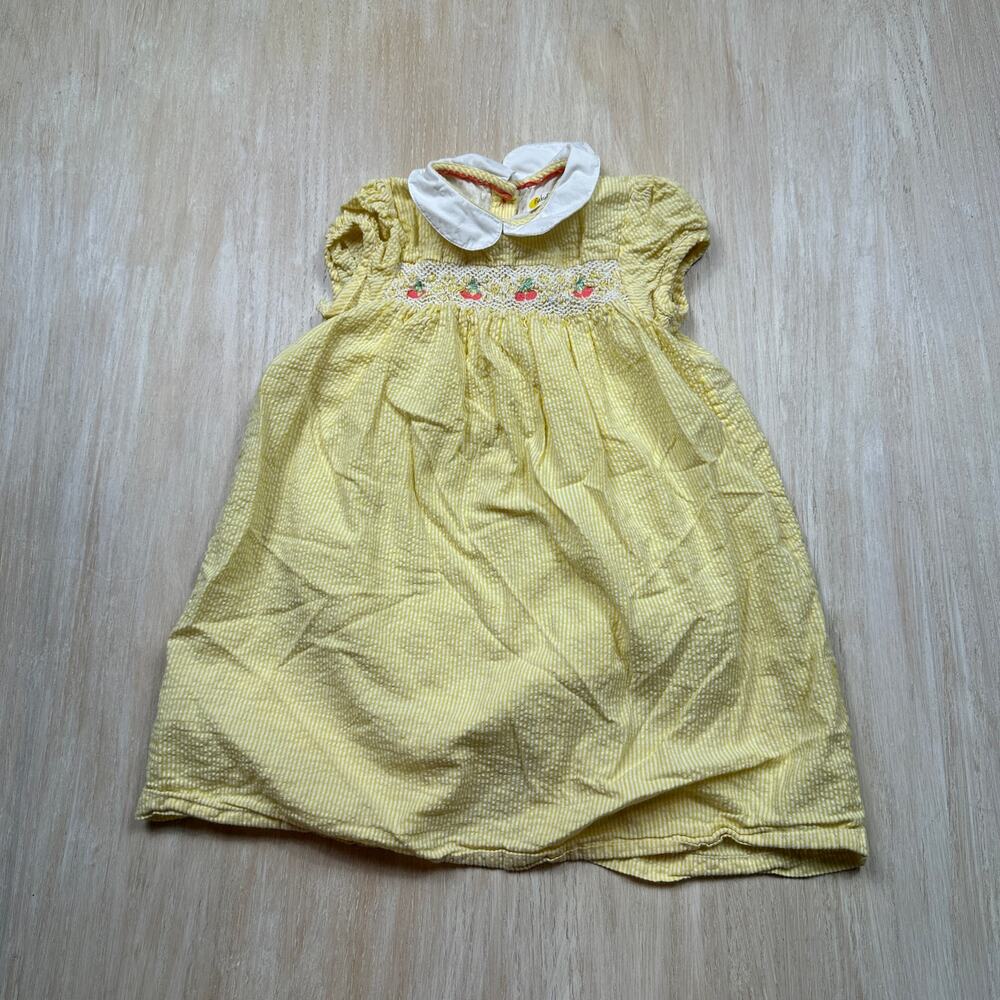 Mini Boden Yellow Seersucker Strawberry Smocked Cottagecore Peter Pan Dress 3-4Y